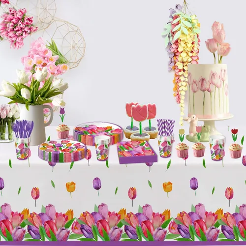 Miniatura 6 de APOWBLS Vajilla de decoración floral de tulipanes para fiesta, suministros de fiesta de flores de tulipán para cumpleaños, baby shower, plato
