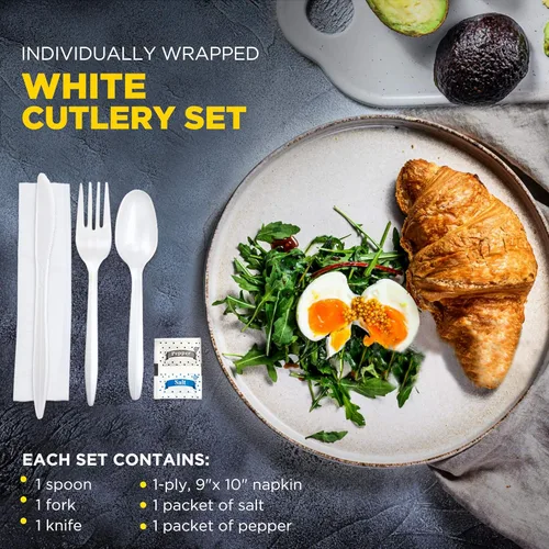 Miniatura 5 de Fit Meal Prep Paquete de 75 utensilios envueltos individualmente, juego de cubiertos de plástico blanco preenvasados con cuchara, tenedor, cuchillo