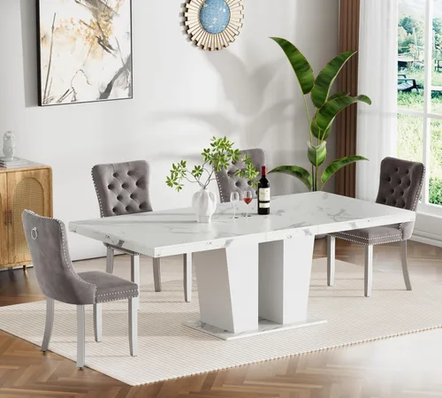 Miniatura 23 de Henf Juego de mesa de comedor extensible de 7 piezas para 6, 160 cm-200 cm Mesa de cocina extensible de grano de mármol blanco con 6 sillas Blanco
