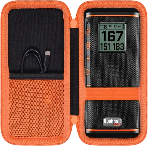 co2CREA Funda rígida compatible con altavoz GPS Bushnell Golf Wingman View Estuche negro + cremallera naranja