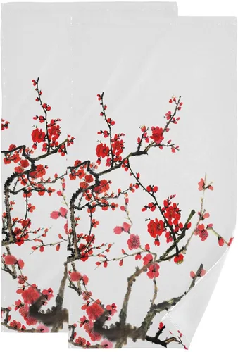 Paquete de 2 toallas de mano con diseño de flor de cerezo rojo, toallas de baño absorbentes de microfibra asiática japonesa con tinta de acuarela,