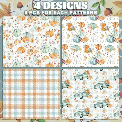 Miniatura 3 de Whaline 12 hojas de papel de regalo de calabaza de otoño, bohemio, pastel, calabaza, camión, papel de regalo, a cuadros blancos cian, manualidades