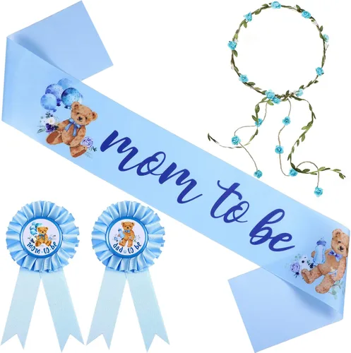 Tiamon Banda temática de oso para baby shower, baby shower, diadema con corona de flores para revelaciones de género, fiesta de baby shower, Azul