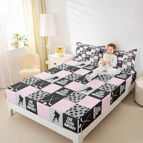 Miniatura 6 de Sábana bajera ajustable de hockey sobre hielo, tamaño individual, para adolescentes y niñas, juego de ropa de cama de hockey para decoración de sala