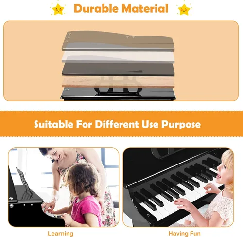 Miniatura 6 de HONEY JOY Piano clásico para niños, mini piano de cola de 30 teclas con soporte de música y banco, juguete de instrumento musical de madera con tapa
