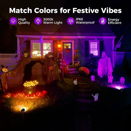 Miniatura 4 de L LOHAS LED Foco de Navidad al aire libre, luces de Halloween moradas para patio, encendido/apagado automático 5W 120V iluminación de paisaje