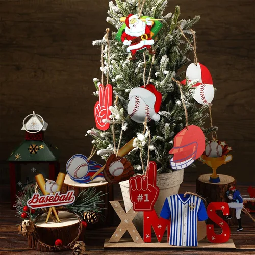 Miniatura 4 de 24 piezas de adornos de bolas de deporte navideñas, juego de adornos de bolas de deporte navideñas de madera, fútbol, baloncesto, béisbol, fútbol