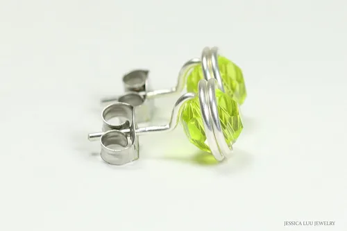 Miniatura 5 de Jessica Luu Jewelry Chartreuse Green Stud Earrings Sterling Silver or Gold Wire Wrapped Citrus Crystal Handmade
