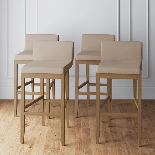 Miniatura 31 de Nathan James - Gracie - Moderno taburete alto con respaldo, silla alta tapizada con lino texturizado natural y patas de madera cepillada - Marrón