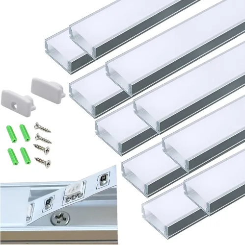 Paquete de 10 tiras LED preperforadas con agujero avellanado de 3.3 pies, difusor de canal en U, sierra para metales, fácil de cortar, ajustada y