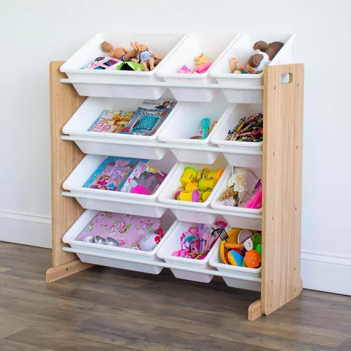 Miniatura 2 de Humble Crew, Organizador de juguetes para niños de madera natural/blanco con 12 contenedores de almacenamiento y 4 niveles, estante de libros