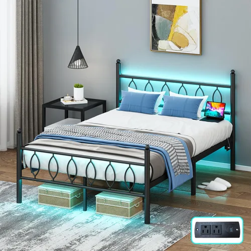 Marco de Cama Tamaño Full con Cabecero, Marco de Cama Plataforma de Metal Negro Tamaño Full con Estación de Carga y Luces LED, Almacenamiento Bajo