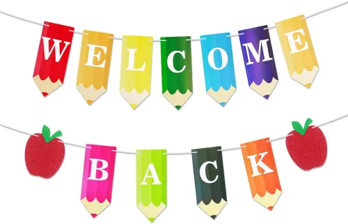 Miniatura 6 de Cartel de regreso a clases con texto en inglés "Welcome Back Words" para colgar en el día de regreso a la escuela, decoración de fiesta