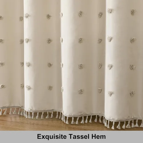 Miniatura 6 de LilyCat Cortina de Ducha de Tela Beige Estilo Boho Granja, 72x72 pulgadas Plisados Acolchados Florales Abullonados con Textura de Borlas, Cortina