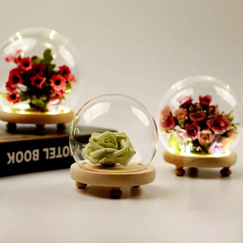 Miniatura 2 de Cúpula redonda de cristal Cloche Ball Jar Exhibición de mesa con base de madera Diámetro 4.7 pulgadas