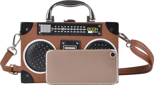 Miniatura 4 de QZUnique Bolso de hombro en forma de cinta con grabador de radio PU Crossbody bolso de noche retro para mujer, bolso de mano