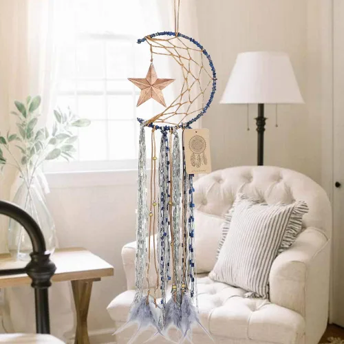 Miniatura 6 de Dremisland Atrapasueños Azul Hecho a Mano Diseño de Media Luna Atrapasueños de Pluma Colgante con Estrella Decoración del Hogar Ornamento Regalo