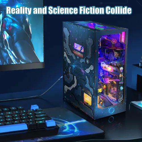 Miniatura 3 de Cyberpunk - Kit de rincón de libros para bricolaje, kit de casa en miniatura tecnológico, inserto de rincón de libros para estantería casa