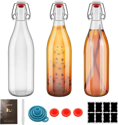 3 botellas de vidrio con tapa abatible de 25 onzas, botellas de Kombucha de 25.4 fl oz con tapas herméticas, botellas de cerveza con tapa abatible,