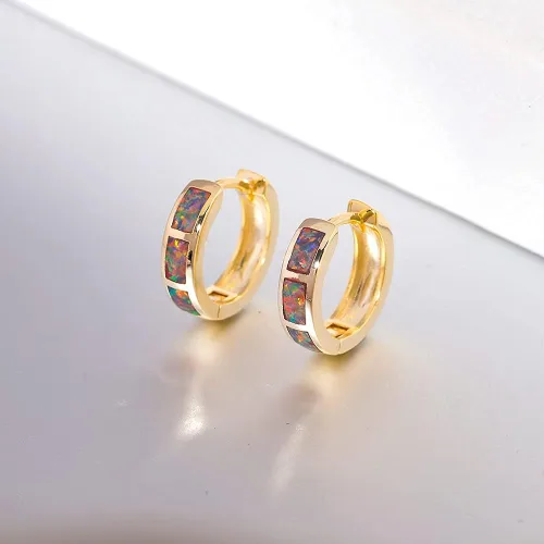 Miniatura 3 de Aretes de aro pequeños para mujer, chapados en oro de 14 quilates, joyería de ópalo, Piedra, Ópalo sintético