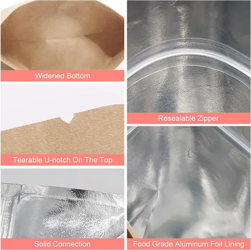 Miniatura 3 de SumDirect Bolsas de pie de papel kraft – Paquete de 50 bolsas reutilizables con cremallera de 3.5 x 5.5 pulgadas con forro de aluminio para el hogar