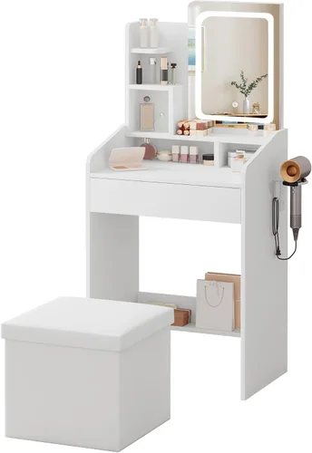 Miniatura 8 de LIVELYGLOW Juego de tocador pequeño con espejo iluminado y estación de energía, escritorio de maquillaje blanco moderno de 24 pulgadas con taburete