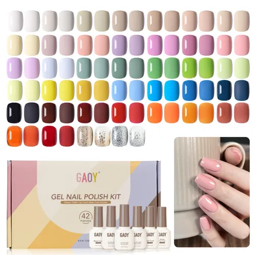 Miniatura 9 de GAOY - Juego de 42 esmaltes de uñas de gel, colores pastel, primavera, verano, rosa, verde, con capa superior brillante y mate y capa base