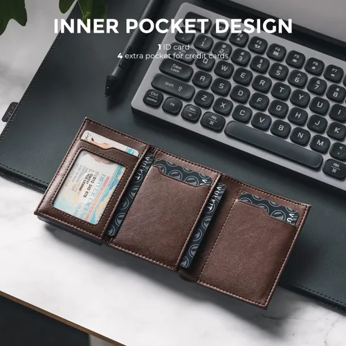 Miniatura 4 de VULKIT Cartera con tarjetero para hombre, con cierre magnético, bloqueo RFID, billetera de cuero triple, Espresso, Moderno