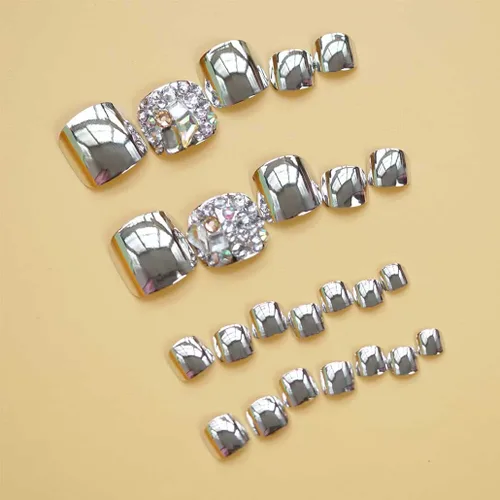 Miniatura 3 de Foccna Uñas postizas plateadas con purpurina, uñas postizas a presión, uñas postizas, uñas postizas de lujo, uñas postizas acrílicas con diamantes