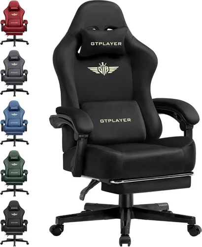 GTPLAYER Silla de juegos grande y alta de tela con cojín de resorte de bolsillo, silla ergonómica de computadora de respaldo alto con reposapiés