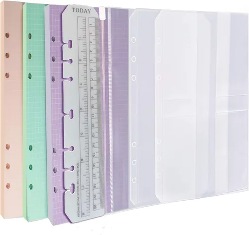 Chris.W Recambios A5 – Paquete de 3 40 hojas de papel colorido para carpeta, 3 bolsillos para carpeta, 1 marcador de página, 6 agujeros para