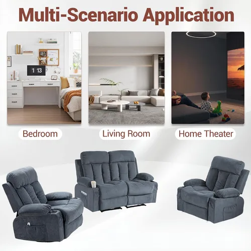 Miniatura 8 de Juego de sofá reclinable manual, 3 piezas con bolsillos laterales, portavasos para cine en casa, oficina (azul, sofá biplaza+silla)