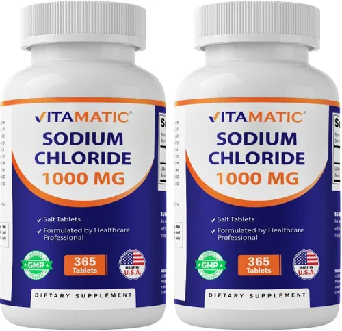 Vitamatic Cloruro de sodio 1000 mg – 365 comprimidos reabastecedor de electrolitos y soporte de hidratación – Sin OMG, sin gluten (paquete de 2)