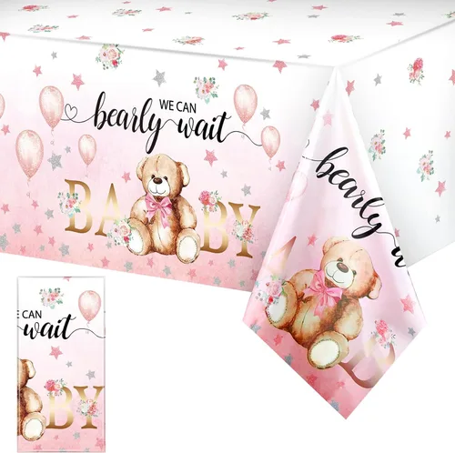 Miniatura 10 de Tegeme Paquete de 6 manteles de plástico con diseño de oso para baby shower, con texto en inglés «We Can Bearly Wait», para fiestas de cumpleaños