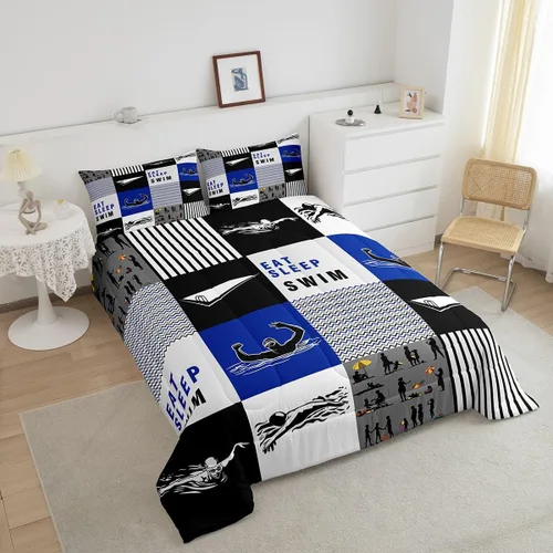 Miniatura 4 de Eat Sleep - Juego de edredón de natación para niños y niñas, ropa de cama temática de natación, juego de cama de natación, juego de deportes Nadar 03