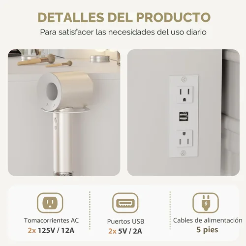 Miniatura 6 de Escritorio de Tocador con Espejo y Luces, Escritorio de Maquillaje con 3 Iluminaciones Ajustables, 3 Estantes de Almacenamiento, 5 Cajones Grandes