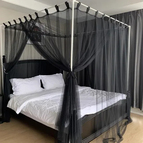 Miniatura 13 de Obokidly Elegante cortina opaca de estrella negra con borde de bola blanca de 4 postes en las esquinas, decoración de dormitorio para adultos