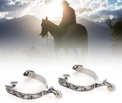 Miniatura 5 de Espuelas de caballo, 1 par de espuelas de bola de rodillo de 3.35 x 3.15 pulgadas, acero inoxidable plateado grabado, estilo espuelas de caballo