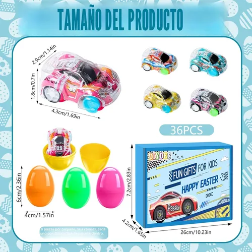 Miniatura 2 de DIYDEC 36 piezas de autos de Pascua rellenos de huevos mini autos de carreras de Pascua para niños, juguetes de automóvil para rellenar cestas