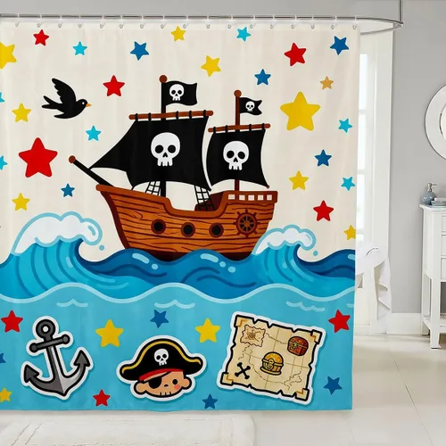 Cortina de ducha de barco pirata de dibujos animados, 72 pulgadas de ancho x 72 pulgadas de largo, bonito sombrero pirata, bandera de calavera,