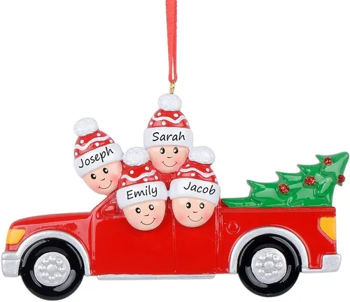 Miniatura 7 de Adorno de Navidad familiar personalizado 2024 Familia de 2 personas que llevan árbol de Navidad para el hogar, camión rojo, hecho a mano, regalo