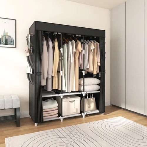 Miniatura 8 de VTRIN Armario portátil para colgar ropa con cubierta, 3 varillas colgantes, 6 estantes de almacenamiento y bolsillo lateral, Tubo de metal