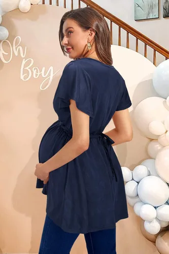 Miniatura 5 de OUGES 2024 - Camisetas de maternidad para mujer, manga corta, cuello en V, lazo en la espalda, ropa de maternidadtúnica casual para embarazo