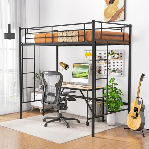 Miniatura 3 de Giantex Base de cama de metal tamaño individual con escaleras dobles y barandilla de seguridad, no necesita somier, ahorra espacio para jóvenes
