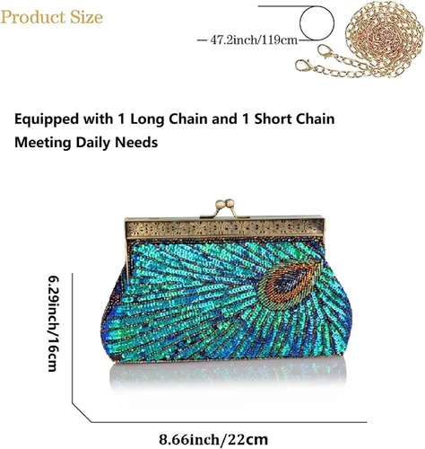 Miniatura 6 de Bolso de noche con cuentas de lentejuelas para mujer, estilo retro, pavo real, bolso de novia, bolso vintage brillante para fiesta, boda, cóctel