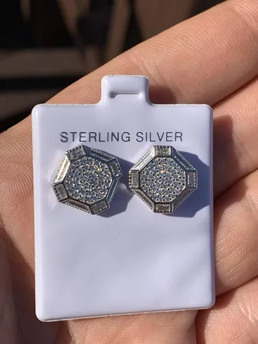 Miniatura 6 de Solid 925 Sterling Silver Men's Baguette Micropave Earrings - Iced Large 12" Screw Back Earrings