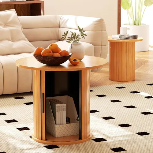 Miniatura 3 de COSVALVE Mesa de Café Redonda de Madera 60CM con Almacenamiento Oculto y Puerta Deslizante, Conjunto de Mesas Auxiliares Circulares de Estilo Granja