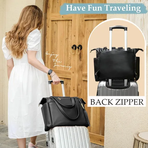 Miniatura 6 de Omanmoli Bolsa de pañales de cuero para pañales, mochila grande para pañales para bebé, 14 bolsas organizadoras, cambiador, correa cruzada, 4 Negro