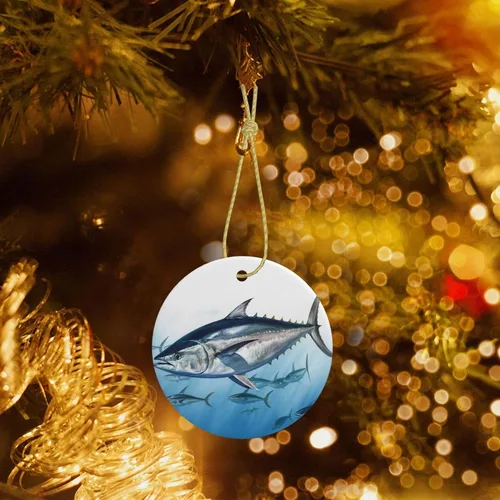 Miniatura 7 de Adorno de Navidad con estampado de atún azul, adorno redondo de Navidad, adornos colgantes para árbol de Navidad, hogar, fiesta, vacaciones