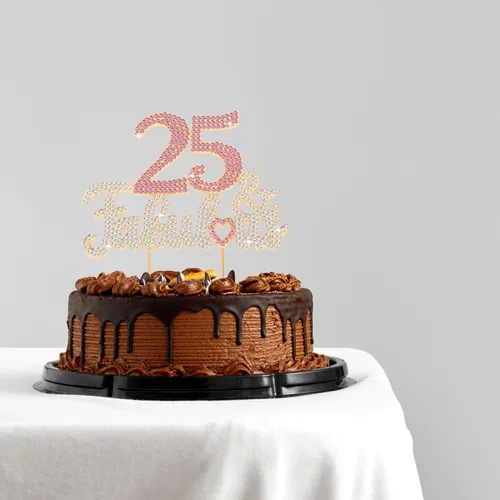 Miniatura 6 de 25 y fabulosa decoración de pastel de diamantes de imitación dorados y rosados – Feliz cumpleaños 25 años saluda a 25 años de edad, decoración
